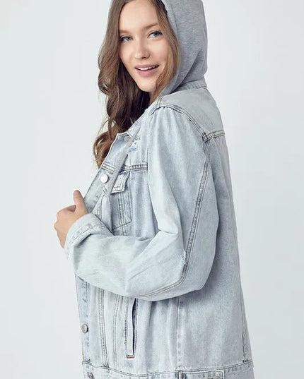 RISEN Full Size Distressed Drawstring Hooded Denim Jacket - THE AMERICAN BLUE