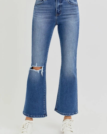 RISEN Full Size Distressed High Rise Crop Flare Jeans - THE AMERICAN BLUE