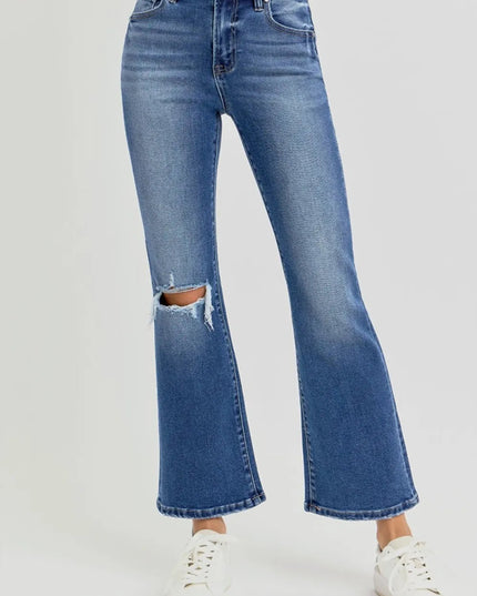 RISEN Full Size Distressed High Rise Crop Flare Jeans - THE AMERICAN BLUE