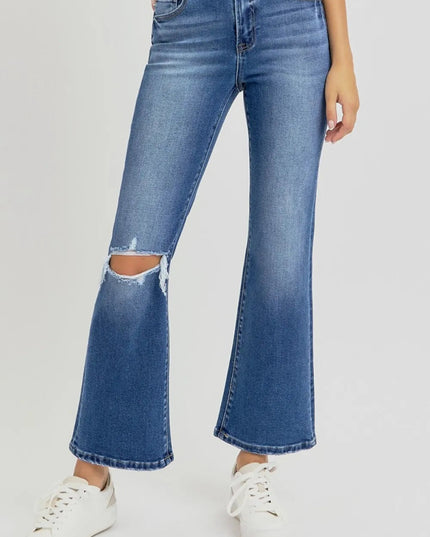 RISEN Full Size Distressed High Rise Crop Flare Jeans - THE AMERICAN BLUE