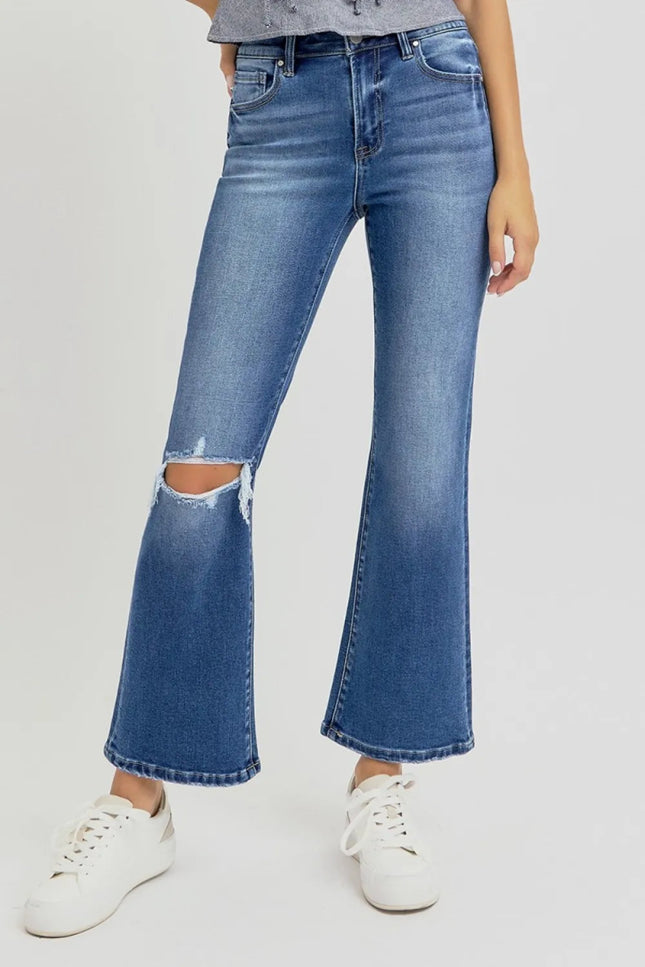 RISEN Full Size Distressed High Rise Crop Flare Jeans - THE AMERICAN BLUE