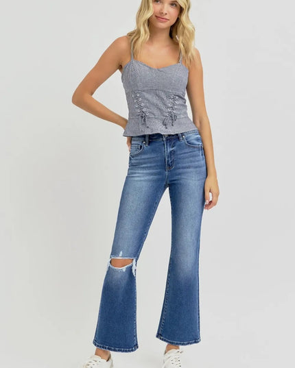 RISEN Full Size Distressed High Rise Crop Flare Jeans - THE AMERICAN BLUE
