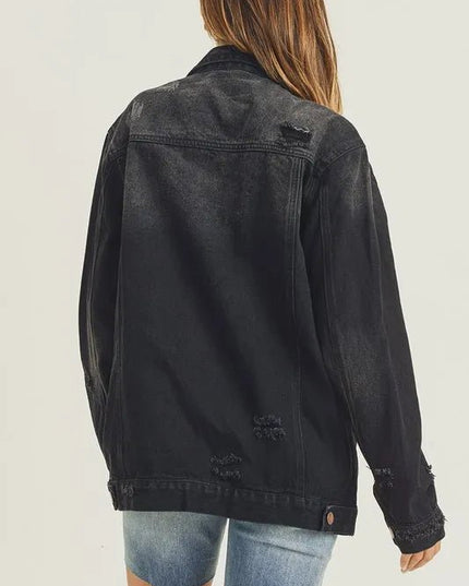 RISEN Full Size Distressed Long Sleeve Denim Jacket - THE AMERICAN BLUE