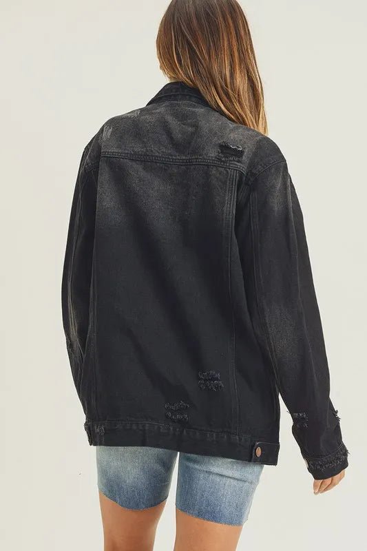 RISEN Full Size Distressed Long Sleeve Denim Jacket - THE AMERICAN BLUE