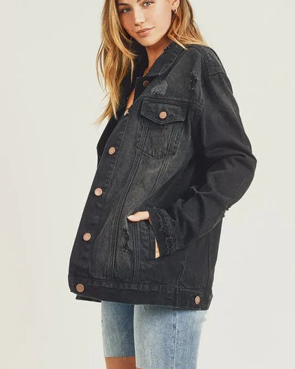 RISEN Full Size Distressed Long Sleeve Denim Jacket - THE AMERICAN BLUE