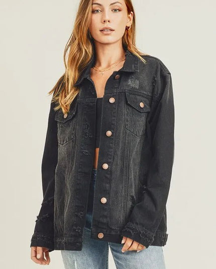 RISEN Full Size Distressed Long Sleeve Denim Jacket - THE AMERICAN BLUE
