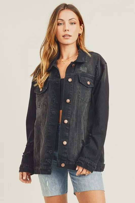 RISEN Full Size Distressed Long Sleeve Denim Jacket - THE AMERICAN BLUE