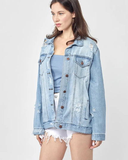 RISEN Full Size Distressed Long Sleeve Denim Jacket Plus Size - THE AMERICAN BLUE