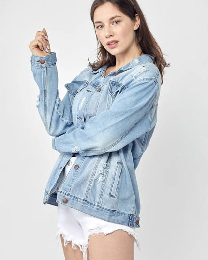 RISEN Full Size Distressed Long Sleeve Denim Jacket Plus Size - THE AMERICAN BLUE