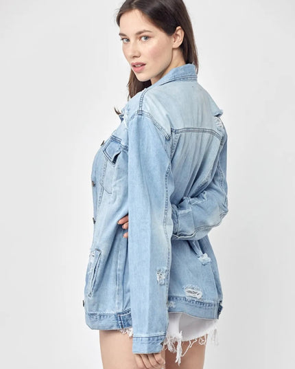 RISEN Full Size Distressed Long Sleeve Denim Jacket Plus Size - THE AMERICAN BLUE