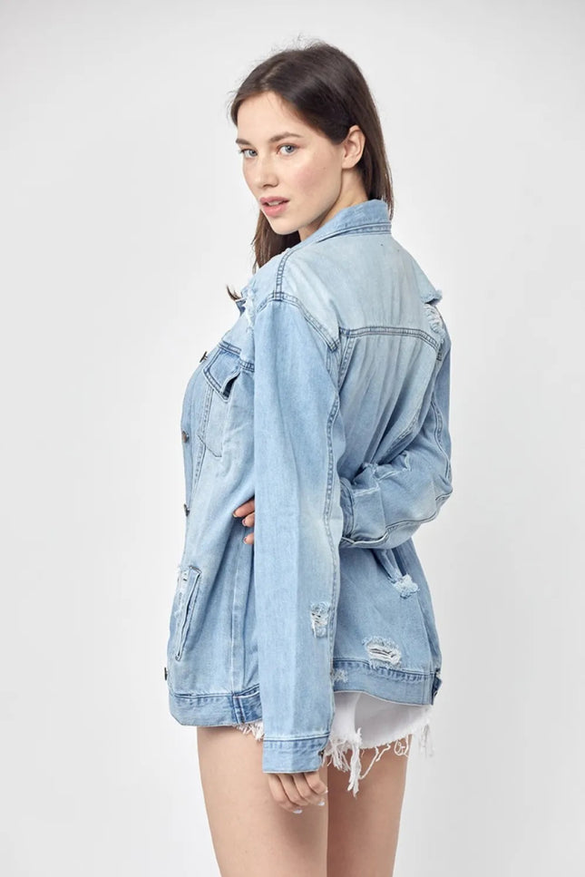 RISEN Full Size Distressed Long Sleeve Denim Jacket Plus Size - THE AMERICAN BLUE