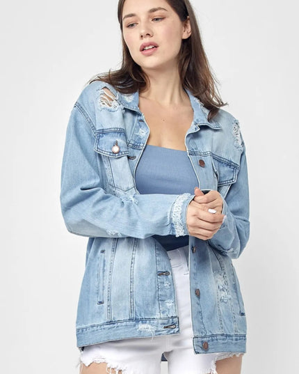 RISEN Full Size Distressed Long Sleeve Denim Jacket Plus Size - THE AMERICAN BLUE