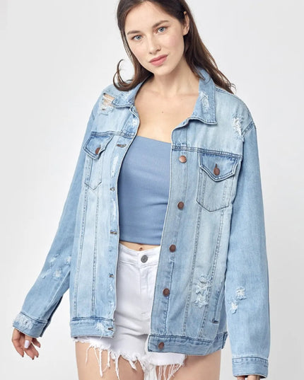 RISEN Full Size Distressed Long Sleeve Denim Jacket Plus Size - THE AMERICAN BLUE