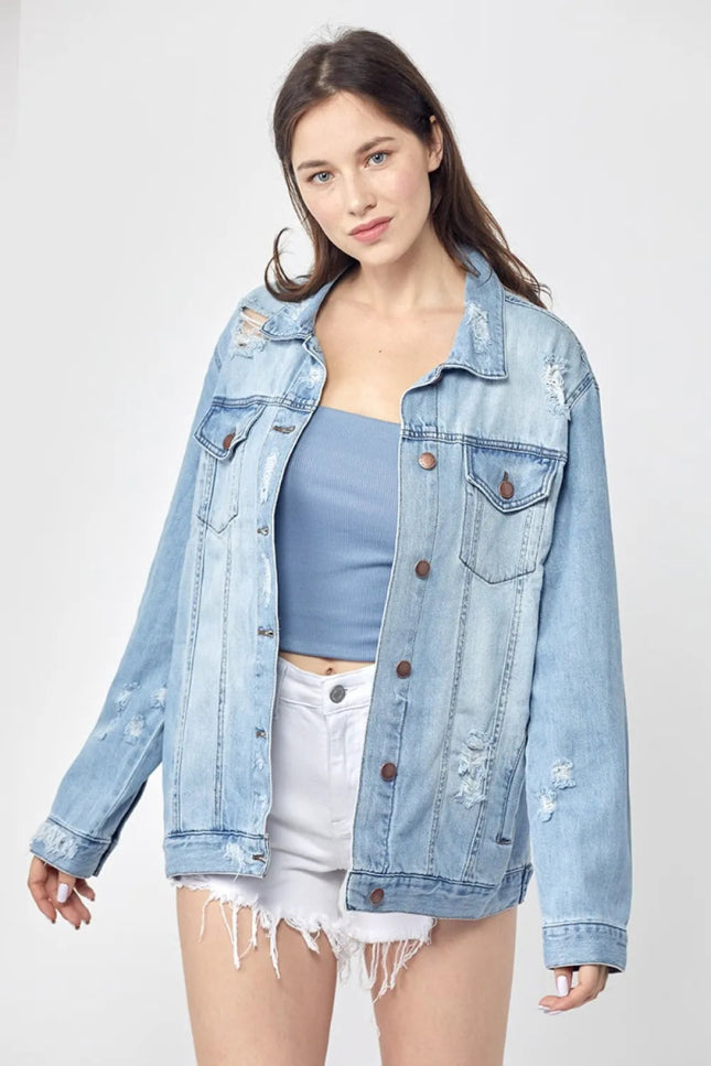 RISEN Full Size Distressed Long Sleeve Denim Jacket Plus Size - THE AMERICAN BLUE