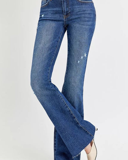 RISEN Full Size Distressed Mid Rise Flare Jeans Plus Size - THE AMERICAN BLUE
