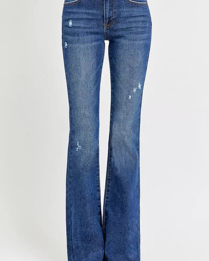 RISEN Full Size Distressed Mid Rise Flare Jeans Plus Size - THE AMERICAN BLUE