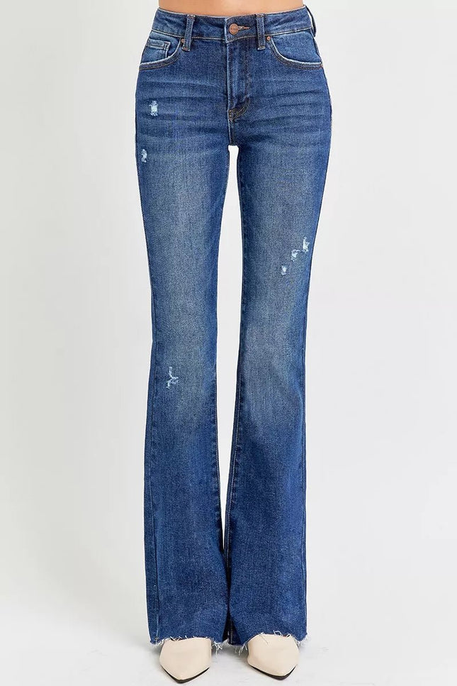 RISEN Full Size Distressed Mid Rise Flare Jeans Plus Size - THE AMERICAN BLUE