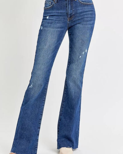 RISEN Full Size Distressed Mid Rise Flare Jeans Plus Size - THE AMERICAN BLUE