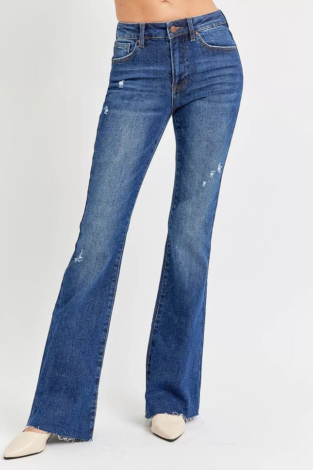 RISEN Full Size Distressed Mid Rise Flare Jeans Plus Size - THE AMERICAN BLUE