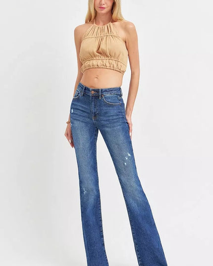 RISEN Full Size Distressed Mid Rise Flare Jeans Plus Size - THE AMERICAN BLUE