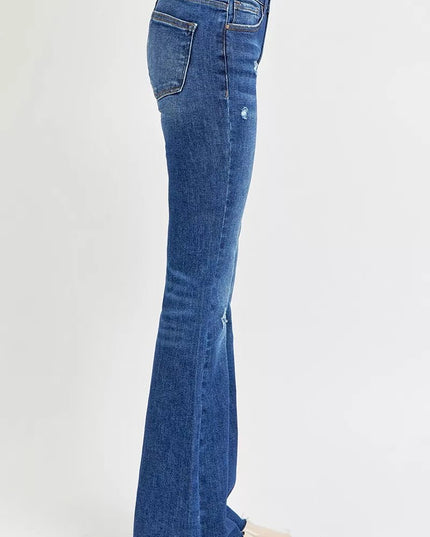RISEN Full Size Distressed Mid Rise Flare Jeans Plus Size - THE AMERICAN BLUE