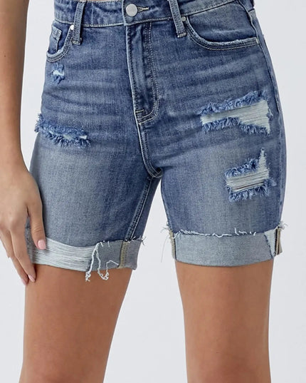 RISEN Full Size Distressed Rolled Denim Shorts with Pockets - THE AMERICAN BLUE