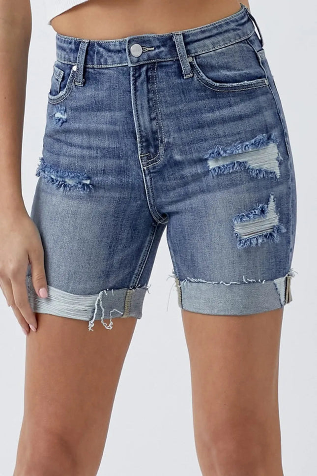 RISEN Full Size Distressed Rolled Denim Shorts with Pockets - THE AMERICAN BLUE