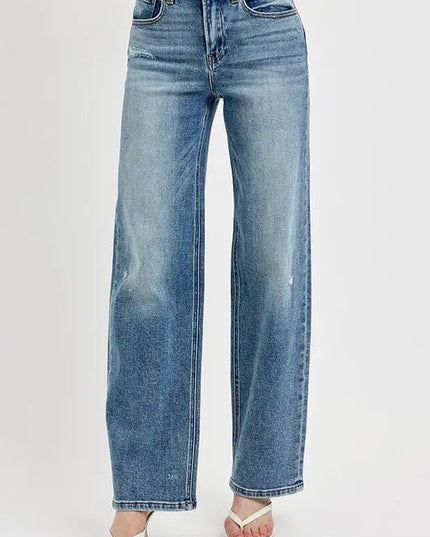 RISEN Full Size Distressed Wide Leg Jeans Plus Size - THE AMERICAN BLUE