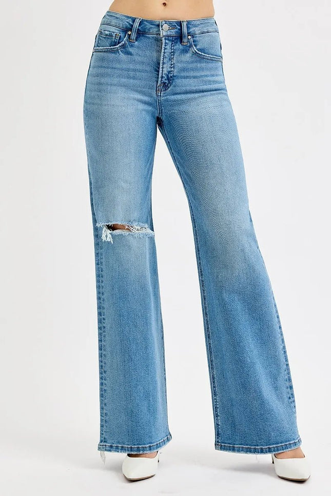 RISEN Full Size Distressed Wide Leg Jeans Plus Size - THE AMERICAN BLUE