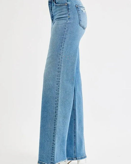 RISEN Full Size Distressed Wide Leg Jeans Plus Size - THE AMERICAN BLUE