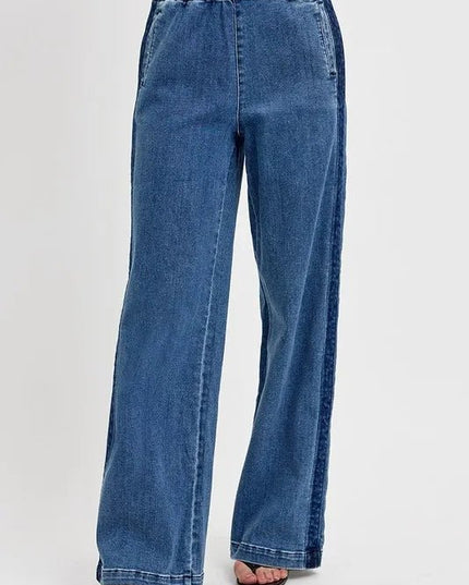 RISEN Full Size Elastic Waist Wide Leg Jeans Plus Size - THE AMERICAN BLUE