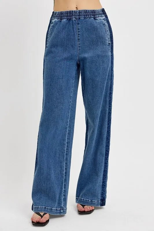 RISEN Full Size Elastic Waist Wide Leg Jeans Plus Size - THE AMERICAN BLUE
