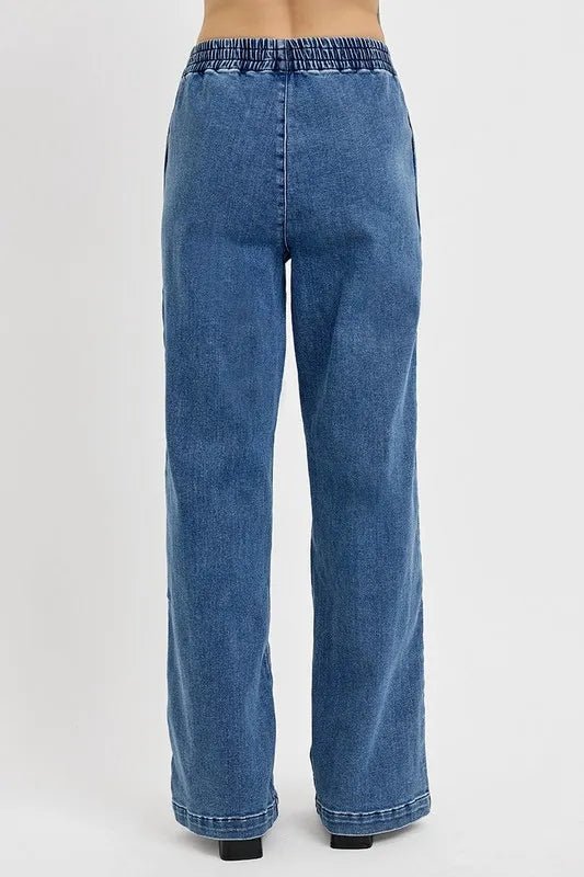 RISEN Full Size Elastic Waist Wide Leg Jeans Plus Size - THE AMERICAN BLUE