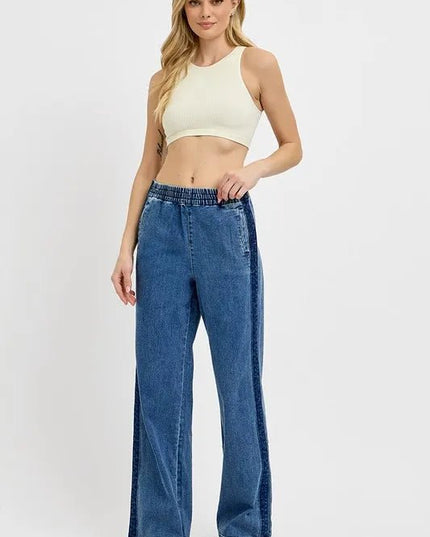 RISEN Full Size Elastic Waist Wide Leg Jeans Plus Size - THE AMERICAN BLUE