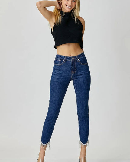 RISEN Full Size Embellished Mid Rise Crop Skinny Jeans - THE AMERICAN BLUE