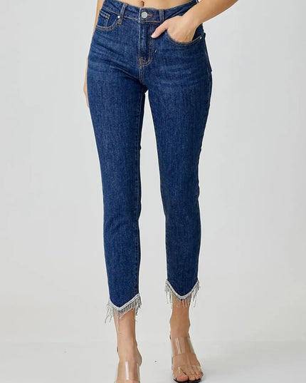 RISEN Full Size Embellished Mid Rise Crop Skinny Jeans - THE AMERICAN BLUE