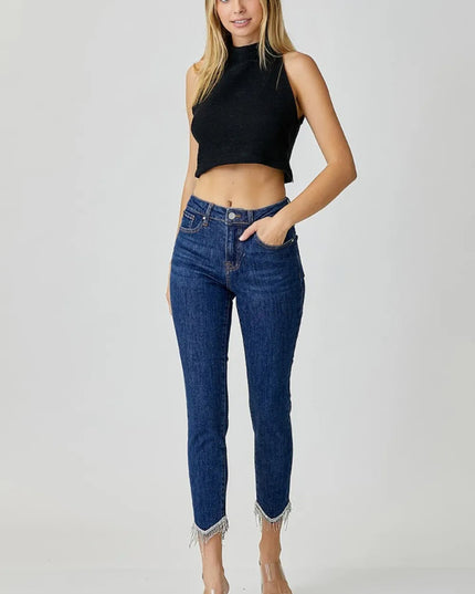 RISEN Full Size Embellished Mid Rise Crop Skinny Jeans - THE AMERICAN BLUE