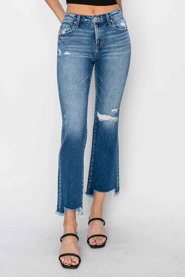 RISEN Full Size Frayed Step Hem Ankle Straight Jeans - THE AMERICAN BLUE