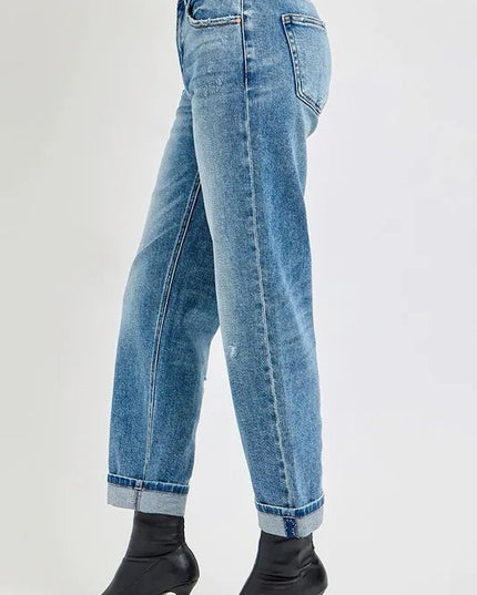 RISEN Full Size High Rise Ankle Boyfriend Distressed Jeans Plus Size - THE AMERICAN BLUE