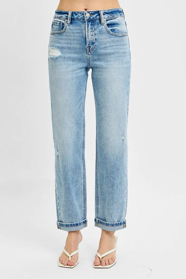 RISEN Full Size High Rise Ankle Boyfriend Distressed Jeans Plus Size - THE AMERICAN BLUE