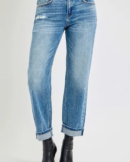 RISEN Full Size High Rise Ankle Boyfriend Distressed Jeans Plus Size - THE AMERICAN BLUE