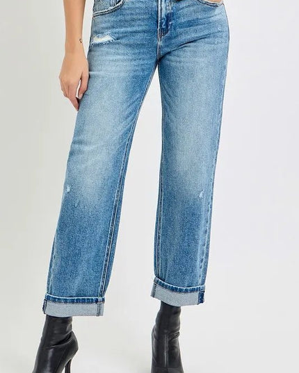 RISEN Full Size High Rise Ankle Boyfriend Distressed Jeans Plus Size - THE AMERICAN BLUE
