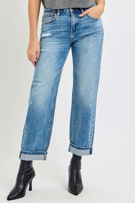 RISEN Full Size High Rise Ankle Boyfriend Distressed Jeans Plus Size - THE AMERICAN BLUE