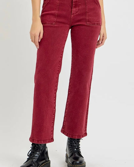 RISEN Full Size High Rise Ankle Flare Jeans with Patch Pockets Plus Size - THE AMERICAN BLUE