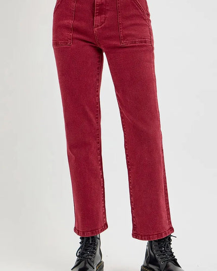 RISEN Full Size High Rise Ankle Flare Jeans with Patch Pockets Plus Size - THE AMERICAN BLUE