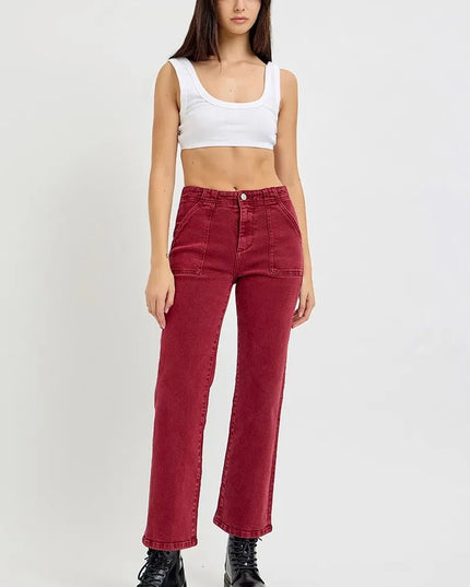 RISEN Full Size High Rise Ankle Flare Jeans with Patch Pockets Plus Size - THE AMERICAN BLUE