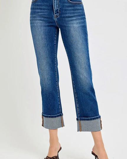 RISEN Full Size High Rise Ankle Straight Cuffed Jeans Plus Size - THE AMERICAN BLUE