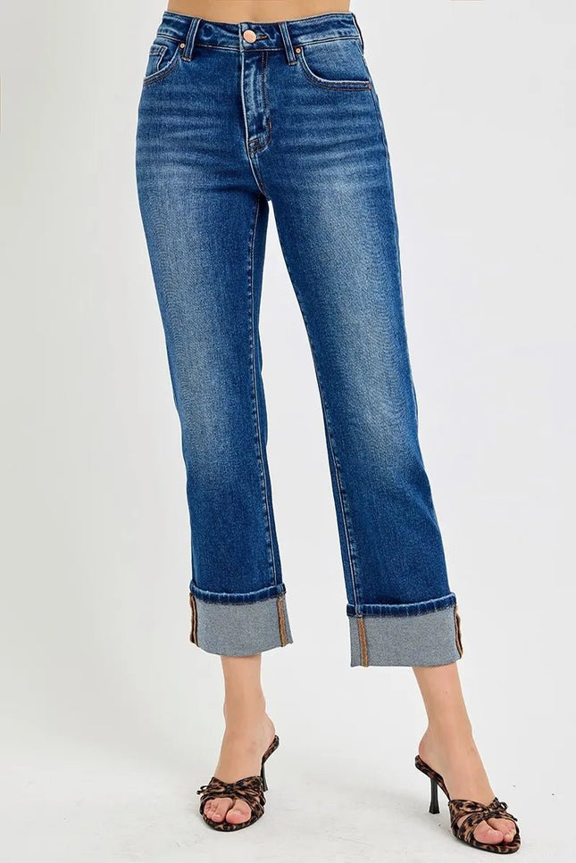 RISEN Full Size High Rise Ankle Straight Cuffed Jeans Plus Size - THE AMERICAN BLUE