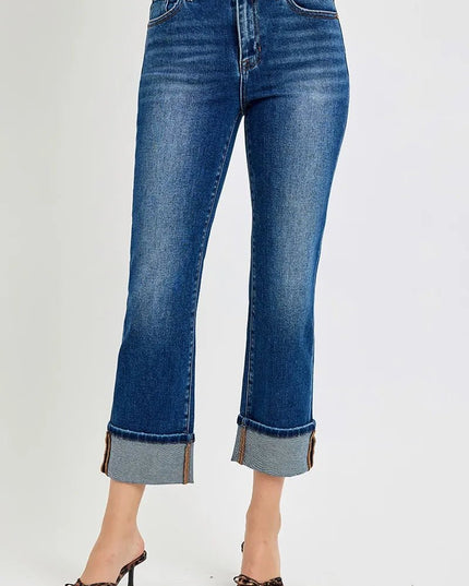 RISEN Full Size High Rise Ankle Straight Cuffed Jeans Plus Size - THE AMERICAN BLUE