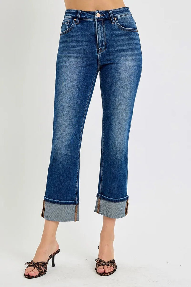 RISEN Full Size High Rise Ankle Straight Cuffed Jeans Plus Size - THE AMERICAN BLUE